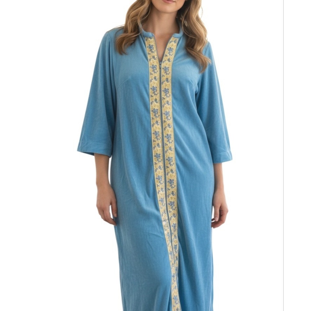 VTG LISANNE Zip-Up BLUE FLEECE ROBE Embroidered Front Stripe KAFTAN DRESS sz M